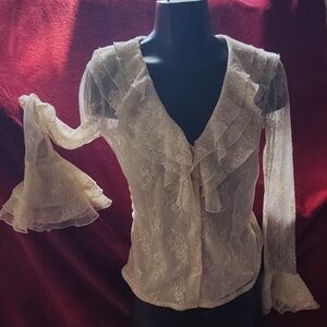 Caché Cream Antique White Lace Ruffle Bell Sleeve Blouse Attached Camisole Sz 2